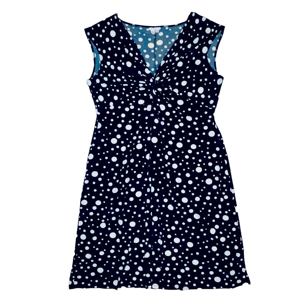 London Times 20W Twist Bodice Sleeveless Dress Navy White Polka Dots Classic
